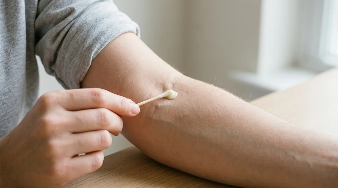 Vorabtest mit einem Tropfen Flüssiglatex an einer kleinen Hautstelle in der Armbeuge