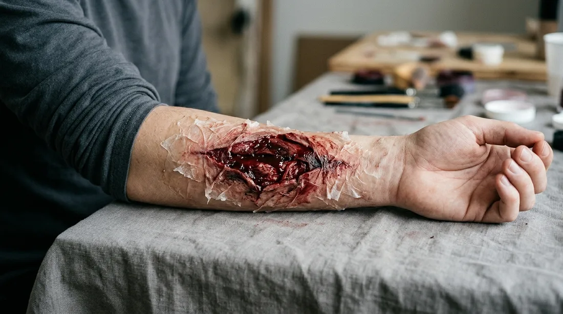 Geschminkter Wundeffekt aus Flüssiglatex und Tuchpapier auf einem Unterarm